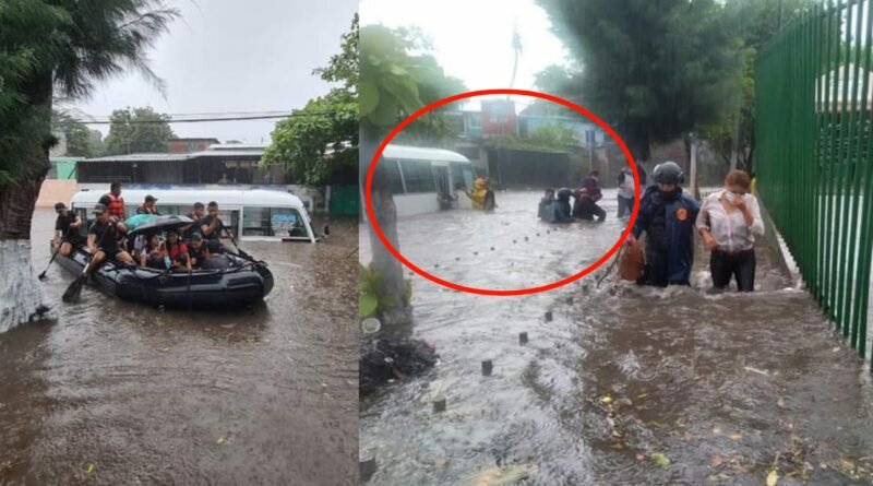Soldados rescatan a pasajeros de microbús que habían quedado atrapados en Colonia Santa Lucia de Ilopango.